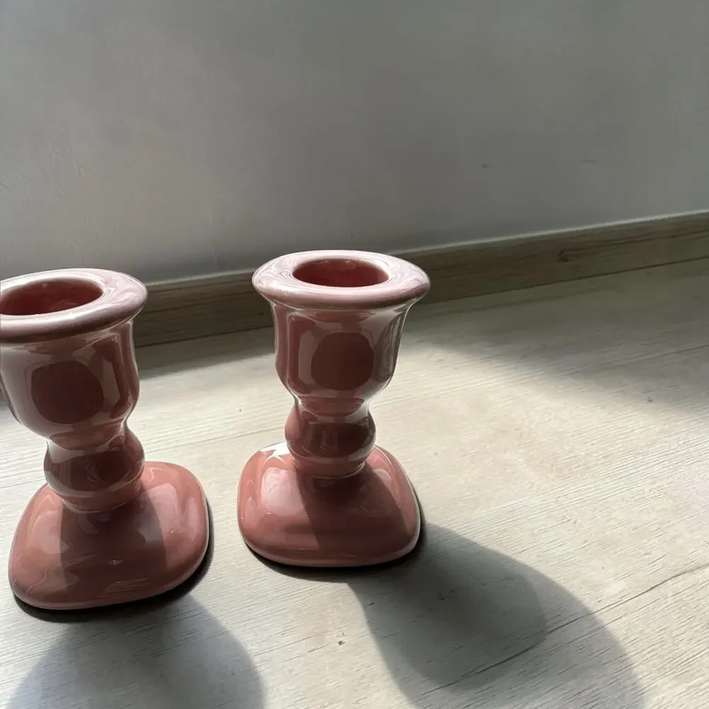 Vintage 1980s Dusty Rose Mauve Ceramic Taper Candlestick Holder Small 3.5”